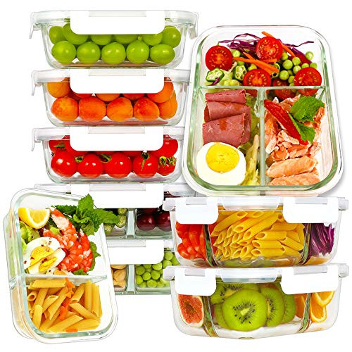 Bayco 9 Pack Glass Meal Prep Containers 3 and 2 and 1 Compartment Glass Food Storage Containers with Lids Airtight Glass Lunch Bento Boxes BPA-Free and Leak Proof 9 lids and 9 Containers - White Bayco 9 Pack Glass Meal Prep Containers 3 and 2 and 1 Compartment Glass Food Storage Containers with Lids Airtight Glass Lunch Bento Boxes BPA-Free and Leak Proof 9 lids and 9 Containers - White