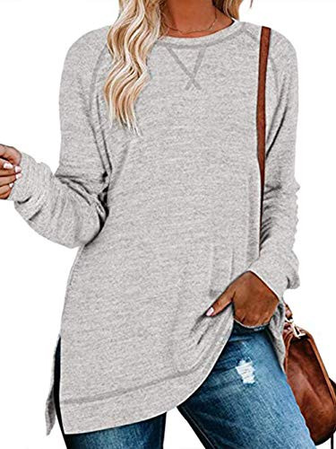 Voopptaw Fall Tunic Women Long Sleeve Tops Loose Casual Side Split Pullover Grey XXL