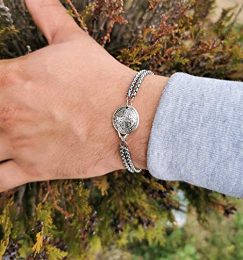 Stainless Steel St Benedict Medallion Bracelet Catholic Saint Medal Gift For Men Women Kids Stainless Steel St Benedict Medallion Bracelet Catholic Saint Medal Gift For Men Women Kids