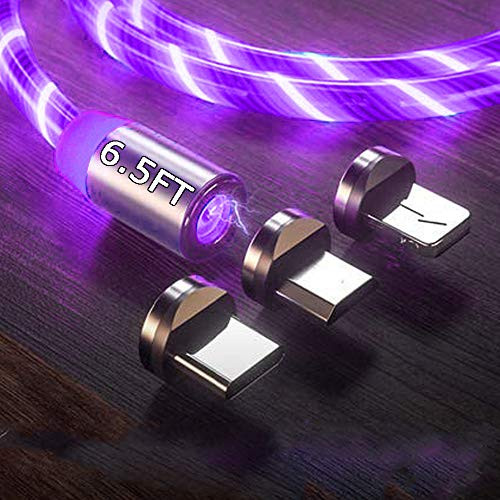 6.5ft 3 in 1 Magnetic Charging Cable LED Flowing Shining Purple Cord Light Up Candy Moving Party Streamer Absorption USB Compatible with Mirco USB Android  Type C Smartphone and iProduct Devices