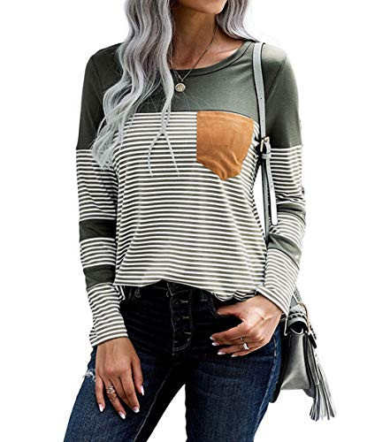 PALINDA Women s Stripe Color Block Tunic Long Sleeve Shirts Casual Round Neck Blouse Tops XL Green