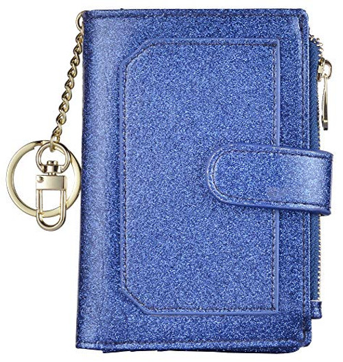 Leamekor Womens Wallets RFID Small Compact Bifold Leather Card Holder Zip Pocket Keychain  Glitter Dark Blue  Medium