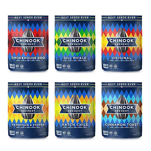 Chinook Seedery Roasted Sunflower Seeds - Jumbo Seeds Keto Snacks - Best For Snack Packs - Gluten Free  Non GMO Snack Food Gifts - 4 ounce  Pack of 6  - 6 Flavor Variety Pack
