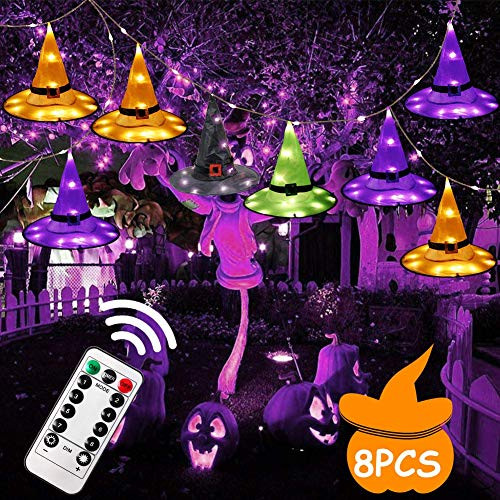 OurWarm 8pcs Halloween Hanging Lighted Witch Hats String Lights  Waterproof Halloween Glowing Witch Hats for Outdoor Halloween Decorations Tree Yard Garden Decor 8 Lighting Modes