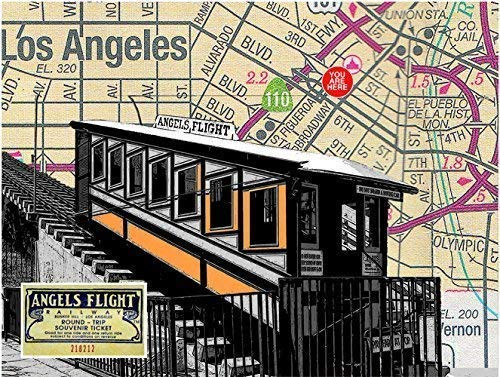 Los Angeles  Angels Flight  Bunker Hill  downtown. Map Art. 11 inch x 8.5 inch Fine Art Print. Unmatted and Ready to Mat and Frame. Gallery Quality.
