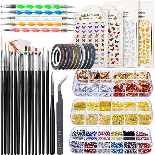 JOYJULY Nail Art Design Tools  3D Nail Art Decorations Kit with Nail Art Brushes Dotting Tools Holographic Nail Art Stickers Nail Foil Tape Strips and Nails Art Rhinestones and Pick-Up Tweezers