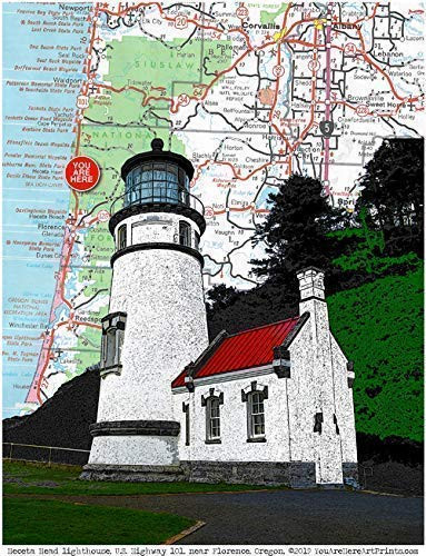 Heceta Head Lighthouse  Hwy. 101  Oregon Map Art. 8.5 inch x 11 inch Fine Art Print. Unmatted and Ready to Mat and Frame. Gallery Quality.