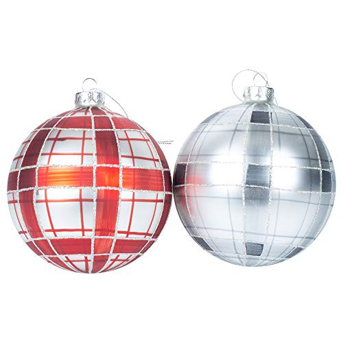 Midwest-CBK Ball Red and Black Plaid Glass 5 x 5 Christmas Hanging Ornament Set of 2