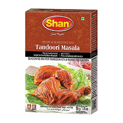 Shan Tandoori Recipe and Seasoning Mix 1.76 oz  50g  - Spice Powder for Tandoori Style Barbecue Chicken - Suitable for Vegetarians - Airtight Bag in a Box