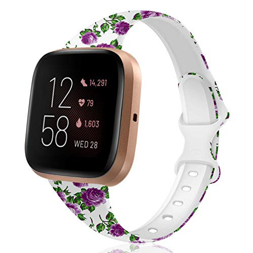 TSAAGAN Pattern Printed Slim Silicone Band Compatible with Fitbit Versa 2 Versa Versa Lite  Fadeless Floral Thin Replacement Strap Wristband for Fitbit Versa 2 Smart Watch  Small  White Rose