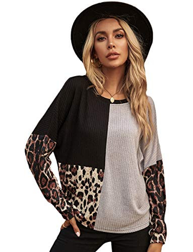 Romwe Women s Color Block Shirts Ribbed Knit Long Sleeve Casual Tee Shirt Tops Multicolor XL