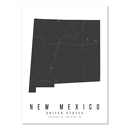 New Mexico Mono Black and White Modern Minimal Street Map Print  Unframed