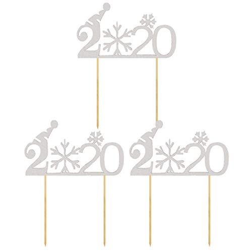 Amosfun 3pcs 2020 Cake Topper Glitter Christmas Tree Moon Shape Cake Cupcake Picks Decorations for 2020 New Year Graduation Merry Christmas Party Supplies Favors