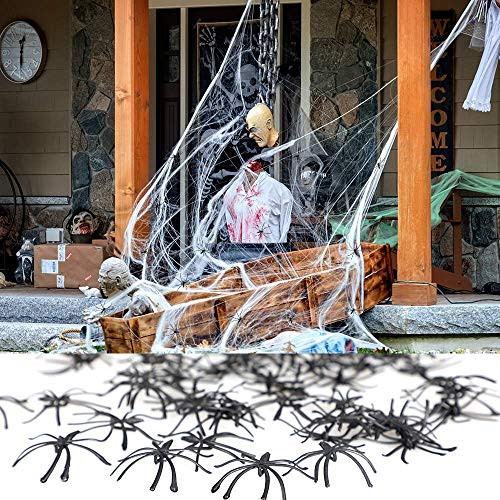 DECOMEN Halloween Spider Web Decorations  16.4 Ft Halloween Spider Web 60 inch Giant Spider 20 Small Black Spiders in 200 sq ft Fake Spider Web Cobwebs  blacks01