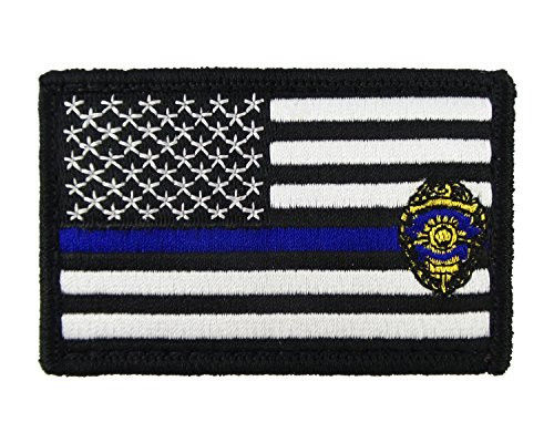 Thin Blue Line Badge Flag Police Hook and Loop Fully Embroidered Morale Tags Patch  Black  and  White