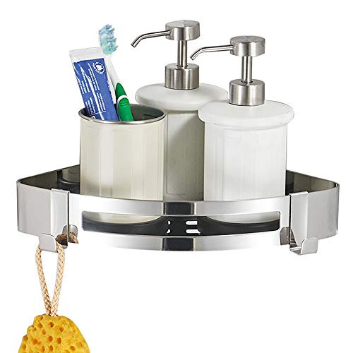BESy Adhesive Bathroom Shower Corner Shelf Shower Corner Caddy SUS304 Stainless Steel, Drill Free with Glue or Wall Mount with Screws,No Damage 1 Tier Shower Wall Shelves Triangle, Polished Chrome