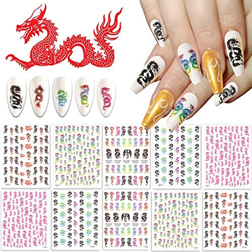 10 Sheets Dragon Nail Art Stickers  Kalolary 3D Nail Art Stickers Decals Fashion Dragon Nail Stickers for Fingernails Decor Manicure Decorations Nail Art Accessories