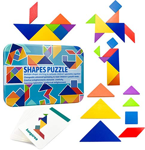 Tangram Pattern Puzzles Set  Woodiness Puzzle Blocks Colorful Tangram Sorting  60 Design Cards with 120 Pattern Jigsaw Puzzle  Tangram Puzzles for Kid Toddlers Boys Girls Age 3 plus
