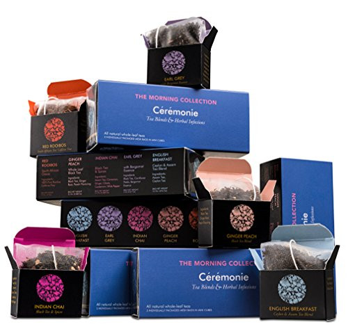 Ceremonie Premium Tea Gift Box - 30 Count - 5 Individually Wrapped Mesh Bags of 5 Rich Flavors of Herbal Teas and Tea Blends Per Pack (6 Pack)  The Morning Collection Variety Sampler Pack