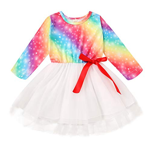 Toddler Girl Fall Dress Baby Long Sleeve Tie-Dye Printed Dress Tulle Princess Dresses Outfits  PinkYellow  3-4 Years