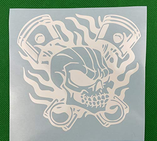Skull  Pistons  Flames  White Vinyl Decal  Bumper Sticker  New  Gift