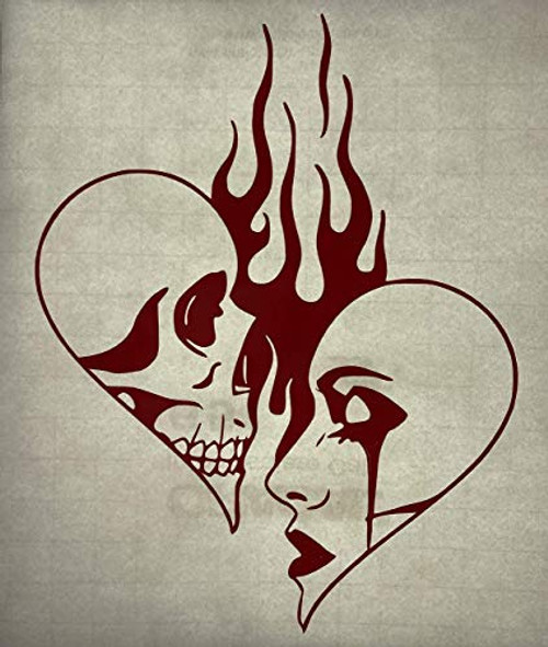 Heart  Skull  Flames  Red Vinyl Decal New Gift