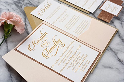 Custom Elegant Glitter Wedding Invitations in Pocketfold with RSVP and Envelopes  Karalin Sample