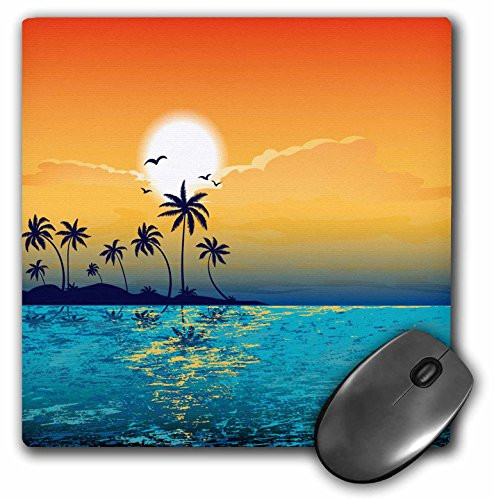 3dRose 8 x 8 x 0.25 Inches Mouse Pad  A Tranquil Island Scene Against A Sunset with Palm Trees and Sparkly Blue Water  mp_152578_1