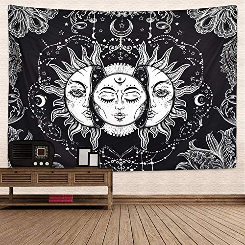 Yellowline Sun and Moon Tapestry Burning Sun with Star Tapestry Psychedelic Tapestry Black and White Mystic Tapestry Wall Hanging  POSTER  77X102CM