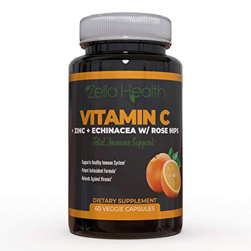 Zella Health- Vitamin C- High Potency - 1000mg Vitamin C  100 percent Natural  Antioxidant Support with Zinc  Echinacea  Rose Hips - 60 Veggie Caps
