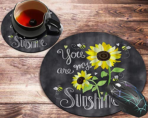 Round Mouse Pad and Coaster Set  You are My Sunshine  Sunflower Mouse pad  Non-Slip Rubber Base Gaming Mouse Pads for Working Or Game