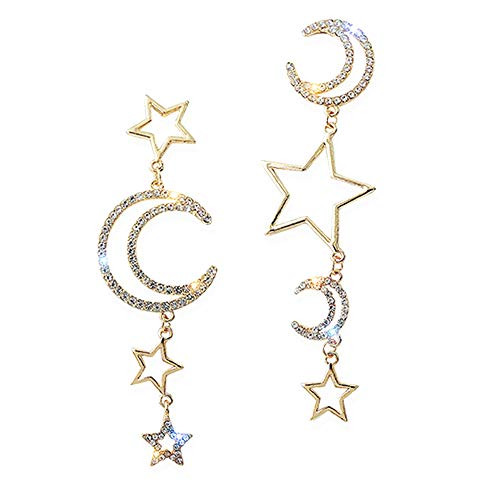 D.Rosse Bohemian Hollow Asymmetrical Long Star Sun Moon Crystal Drop Earrings for Women Mismatched Vintage Dangle Earrings Jewelry  Gold