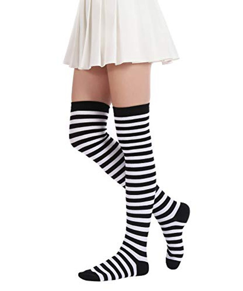 Over Knee Striped Socks Long Thigh High Socks Knit Stocking Socks For Women Girls Black White