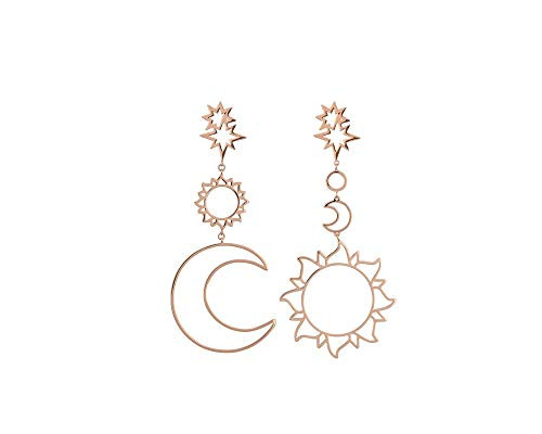 Bohemian Hollow Sun Moon Stars Asymmetric Big Drop Dangle Earrings for Women Jewelry-Gold