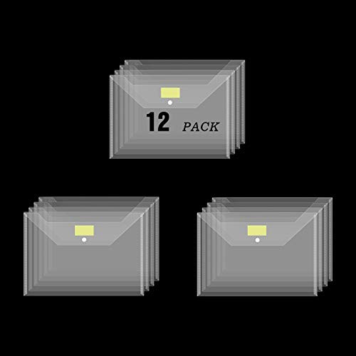 Rivama 12 Pack Plastic Envelopes Folders Clear Document Folders with Label Pockets A4 Size US Letter File Folders File Envelopes with Snap Closure for Work School Teacher Office Organization Storage