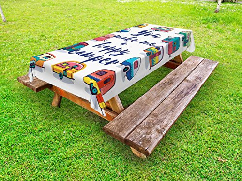 Lunarable Camper Outdoor Tablecloth, You Make Me Happy Camper Motivational Quote with Caravans Retro Style Travel Graphic, Decorative Washable Picnic Table Cloth, 58 X 84 Inches, Multi