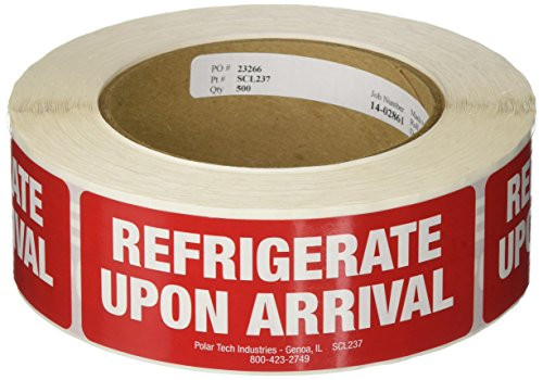 Polar Tech SCL237 Pressure Sensitive Permanent Adhesive Label, "REFRIGERATE UPON ARRIVAL", 4" Length x 1-1/2" Width, White on Red (Roll of 500)