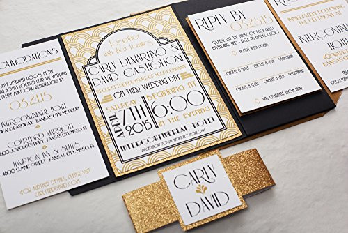 Gold Glitter Art-Deco Wedding Invitation  Roaring 1920 s Elegant Wedding Invitation Set  New Years Eve Wedding Invite  SAMPLE  Wedding Invitations with pocketfold