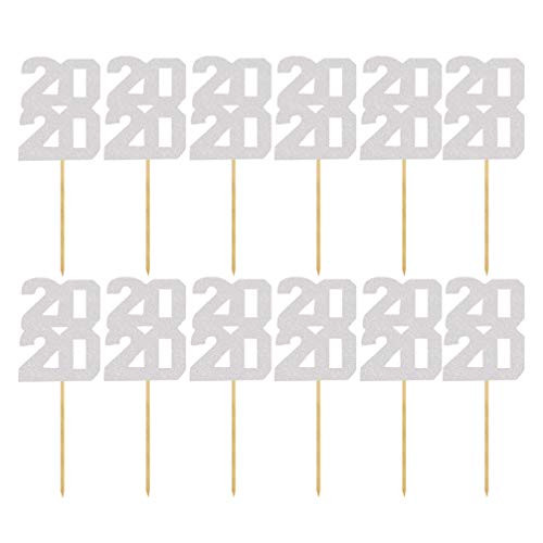 Amosfun 12Pcs 2020 Topper Cupcake New Year Glitter Cake Toppers Food Picks for 2020 Party New Year Graduation Birthday Christmas Party  Silver