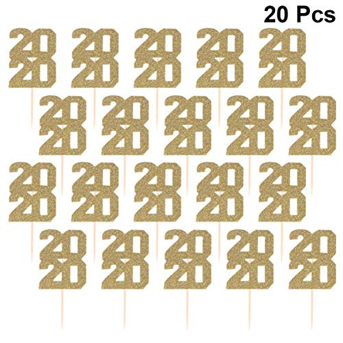 Amosfun 40Pcs 2020 Cake Toppers Paper Glitter Golden Cupcake Toppers Decorated Cake Insert DIY Fruit Dessert Baking Picks for Christmas New Year Birthday Party