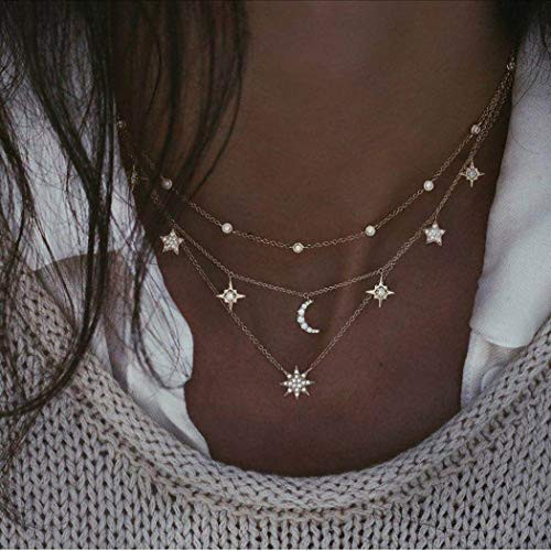 Haloty Boho Layered Crystal Pendant Necklace Gold Sun Star Choker Necklaces Chain Sparkling Beaded Rhinestone Necklace Jewelry for Women and Girls