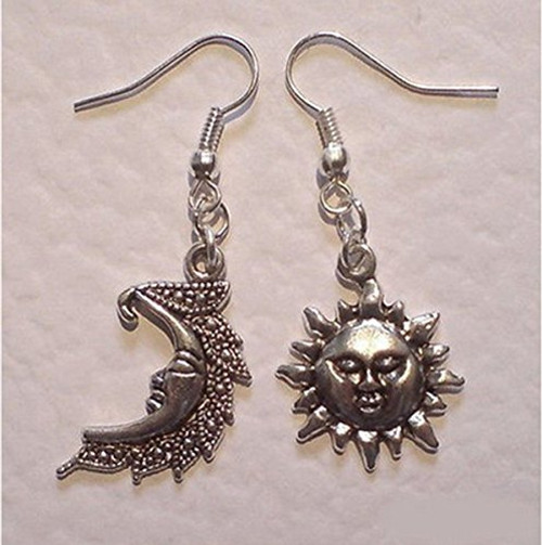 Moon and Sun Earrings  Mismatched Sun and Moon Asymmetrical Celestial Earrings Smiling Moon Happy Sun Dangling Earrings