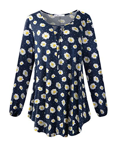 Jollielovin Women s Floral Tunic Tops Plus Size Long Sleeve Flowy Split V Neck T Shirts And Blouses Loose Fit For Fall Winter 3-Navy Blue 3X