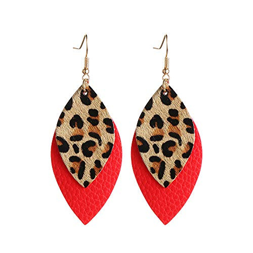 Women s Leather Earrings Genuine Leather Drop Dangle Earrings Boho Big Statement Teardrop Earrings for Summer  red leopard