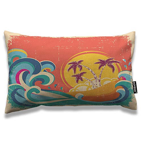 AOYEGO Hawaii Beach Throw Pillow Cover 12x20 Inch Vintage Palm Tree Sun Tropical Island Giant Wave Rectangle Pillow Cases Home Decorative Cotton Linen Cushion Cover for Bed Sofa