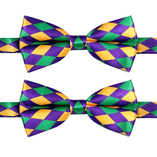 2 Pieces Mardi Gras Theme Bow Tie with Adjustable Band Pre-tied Plaid Bow Tie for Men Children Mardi Gras Carnival Cosplay Party