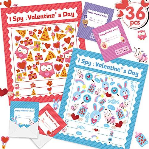 Joy Bang Valentines Games for Kids I Spy Valentines Cards for Classroom 36 Pack Valentines Day Card Games with Envelops for Kids School Exchange Gifts Greeting Cards Valentines Day Party Favors