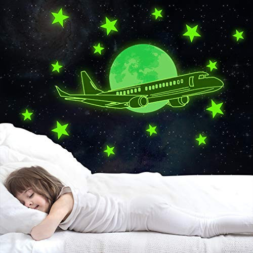 Glow in The Dark Stars Wall Stickers  MOTASOM Adhesive Glowing Moon with Airplane Wall Decal  Luminous Fluorescent Starry Sky Mural Decor for Nursery Baby Kids Bedroom Living Room Decoration Glow in The Dark Stars Wall Stickers  MOTASOM Adhesive Glowing Moon with Airplane Wall Decal  Luminous Fluorescent Starry Sky Mural Decor for Nursery Baby Kids Bedroom Living Room Decoration