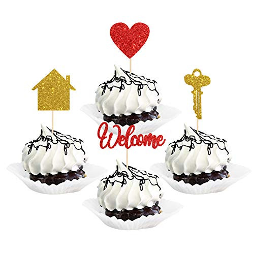 Dill-Dall Gold Glitter Welcome Home Cupcake Toppers - Welcome New House Cupcake Toppers  Housewarming Party Decorations  Welcome Home Cupcake Decor ?24 Pcs?