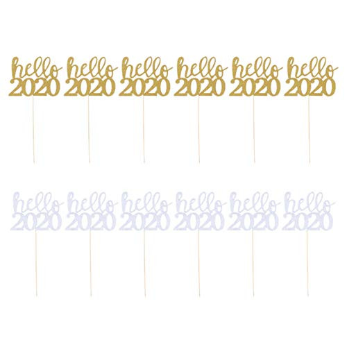 Amosfun 12 Pcs Hello 2020 Cupcake Toppers Glitter New Year Cake Toppers Food Dessert Picks for 2020 New Year Graduation Birthday Christmas  Golden Silver
